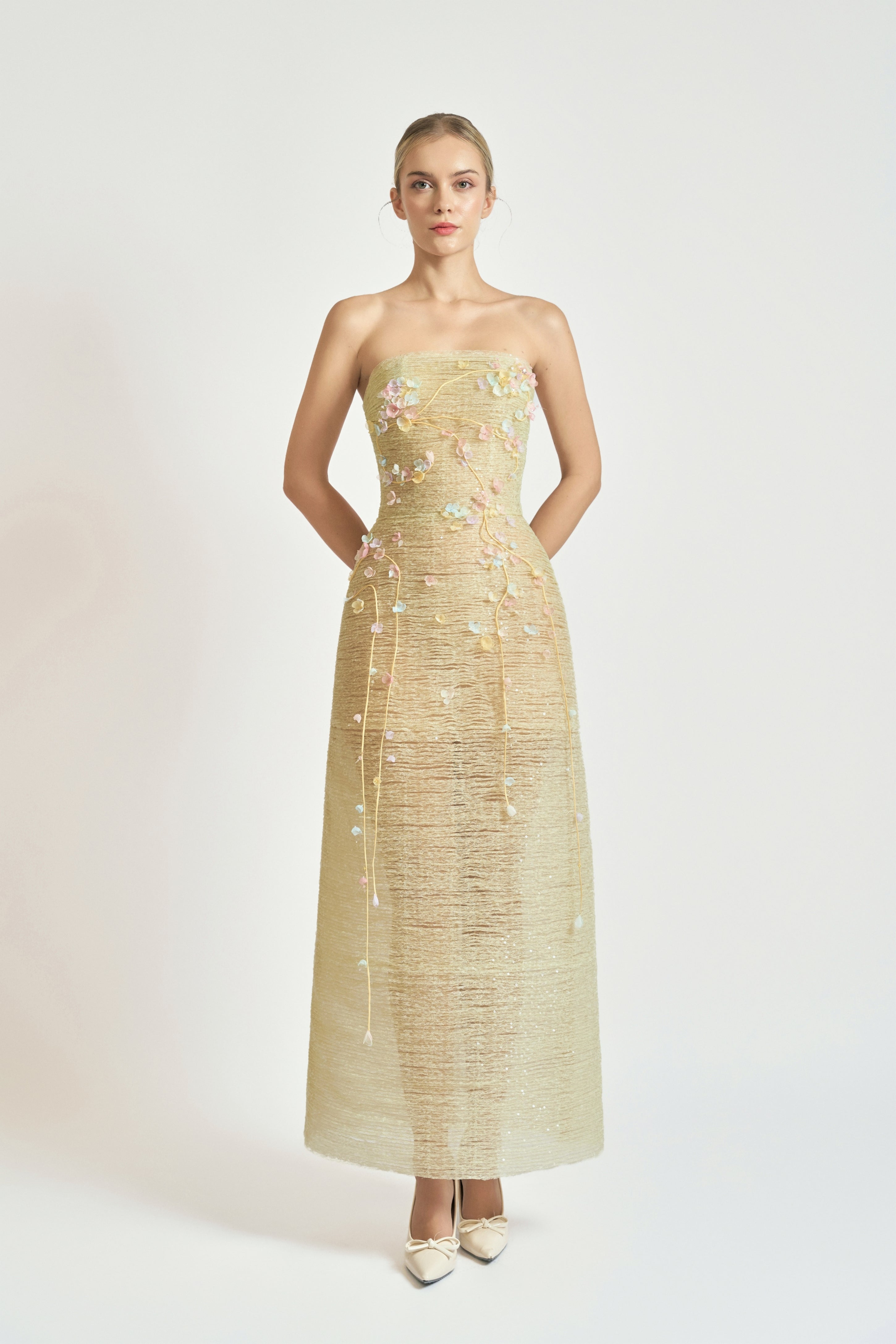 Floral Embellished Strapless A-Line Midi