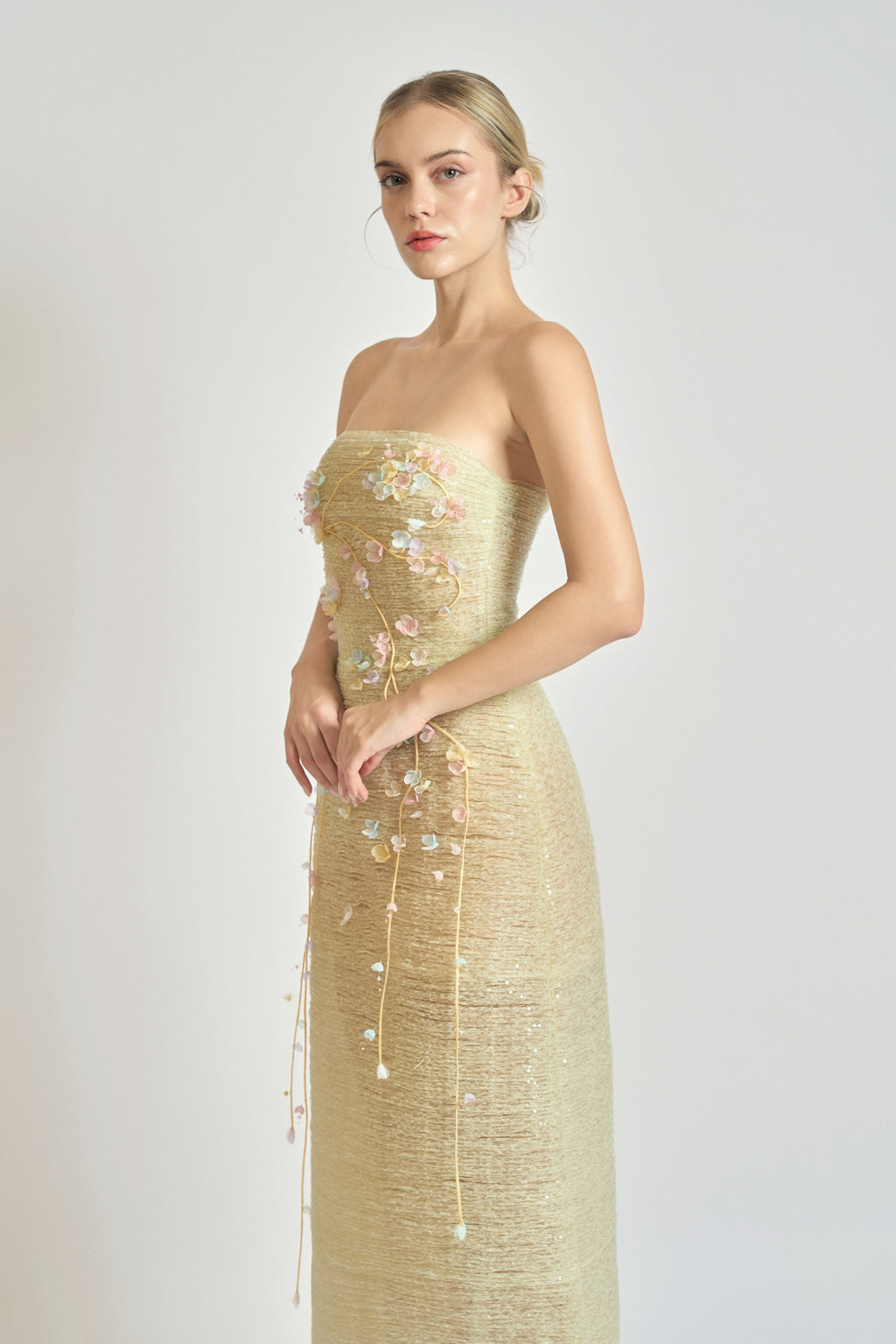 Floral Embellished Strapless A-Line Midi