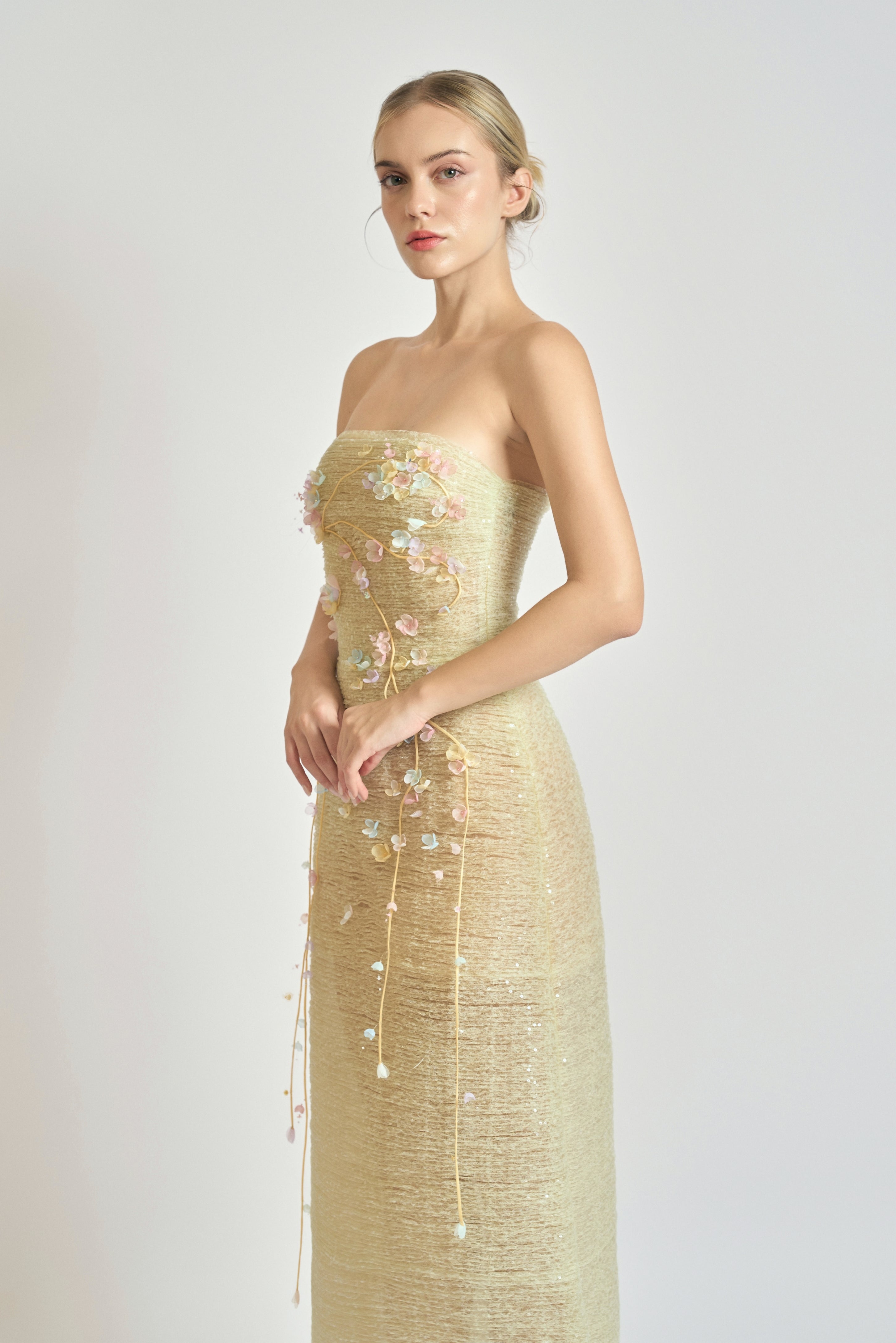 Floral Embellished Strapless A-Line Midi