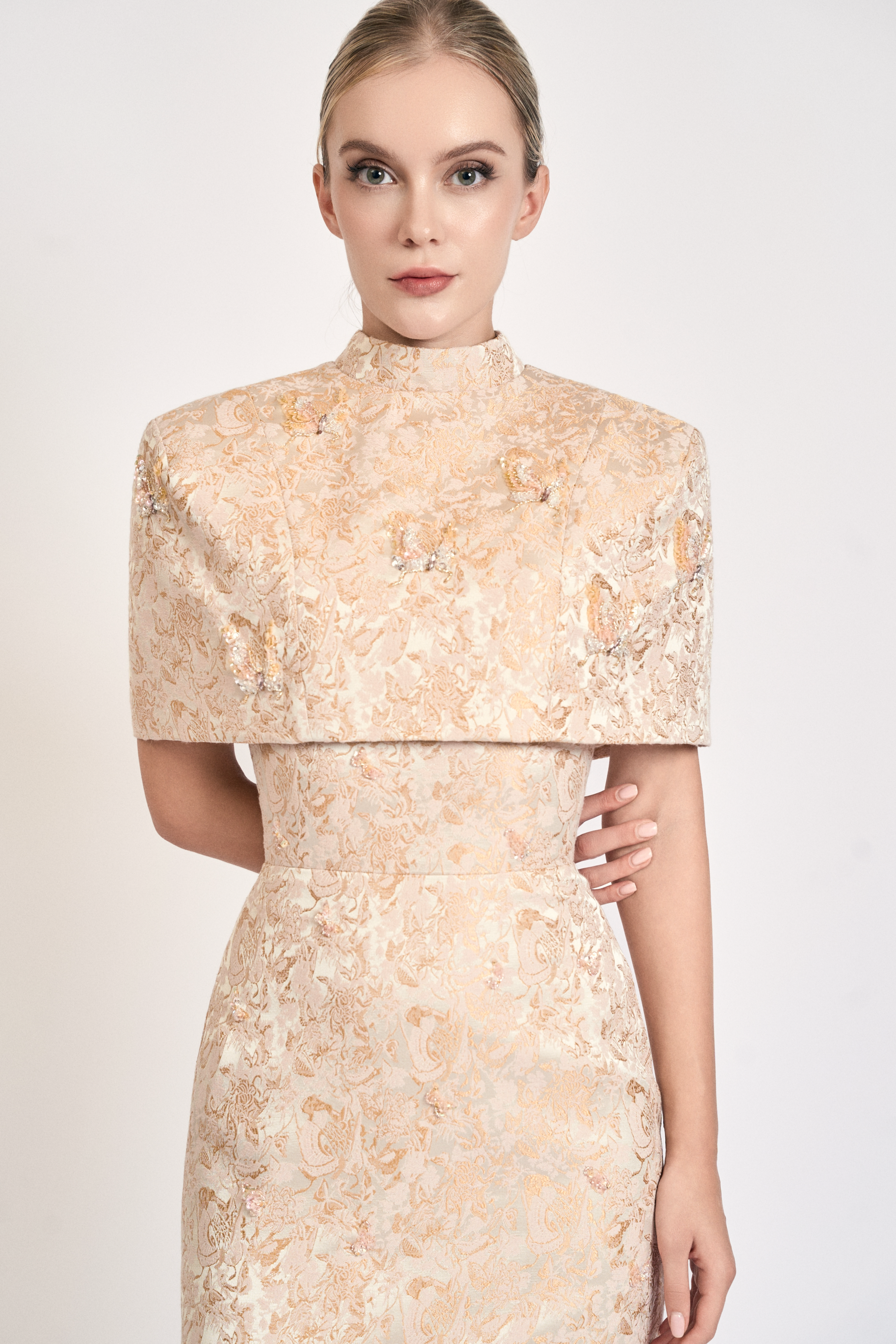 Butterfly Embellished Brocade Short Cape