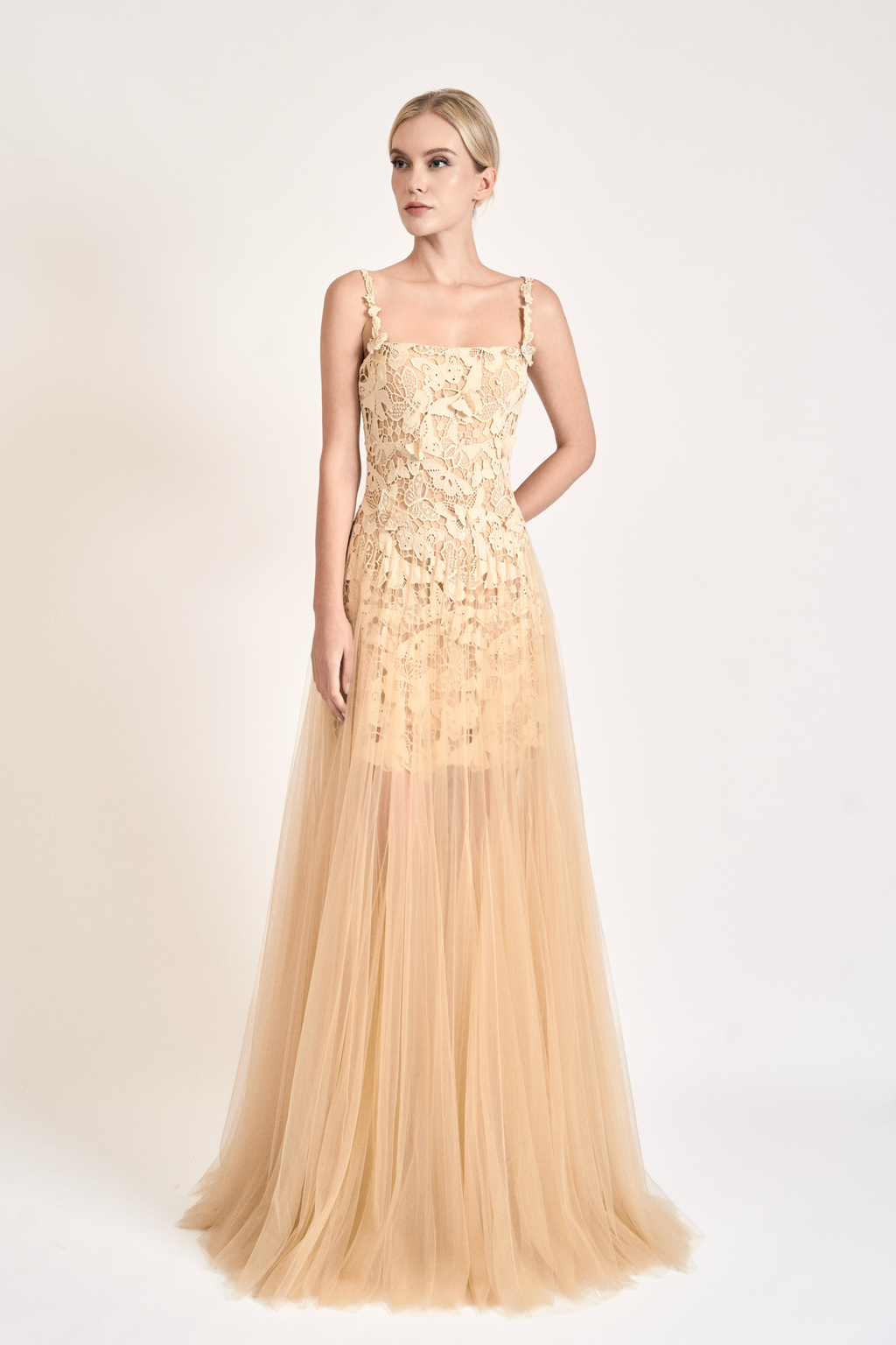 Nude Lace Tulle Maxi Dress