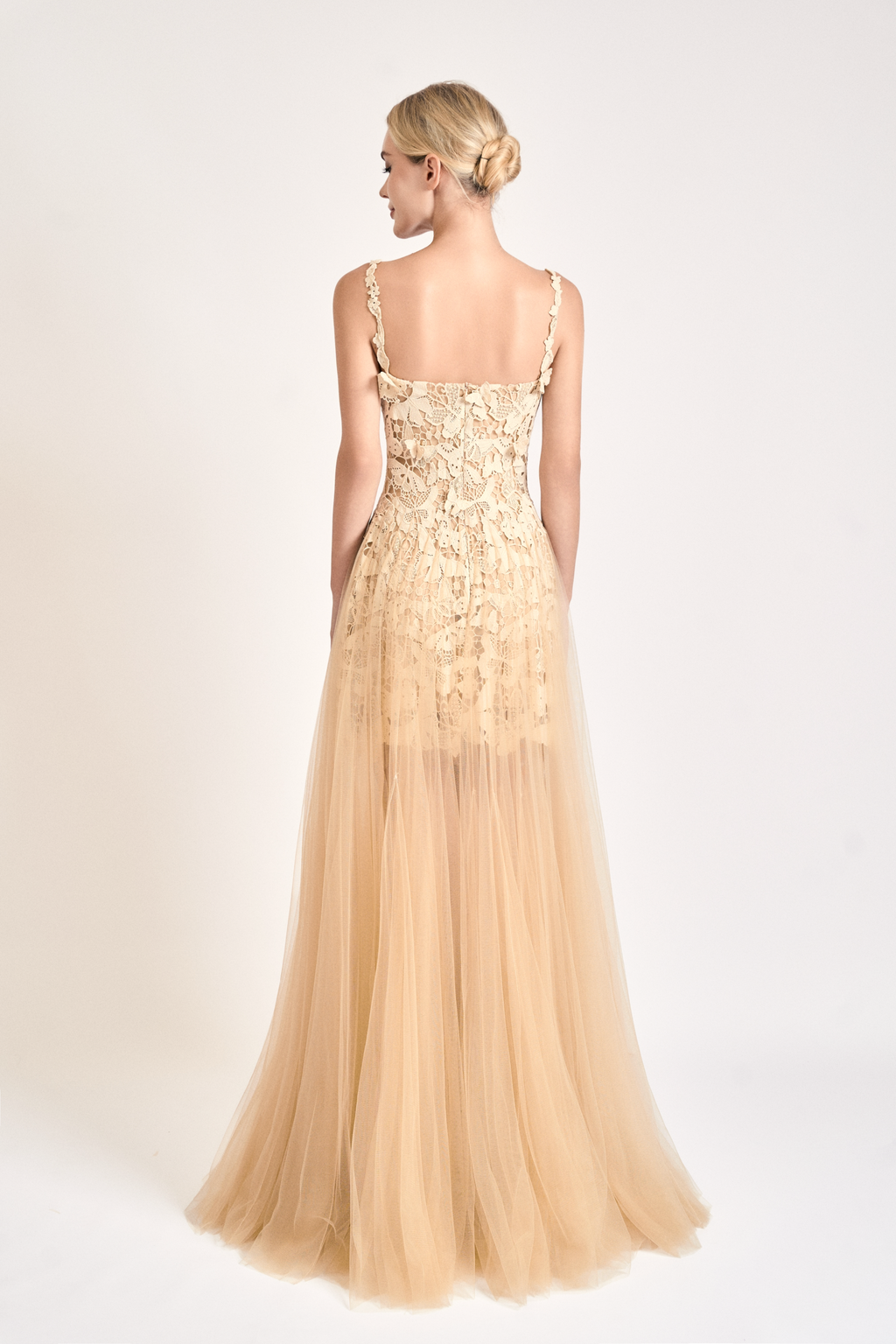 Nude Lace Tulle Maxi Dress