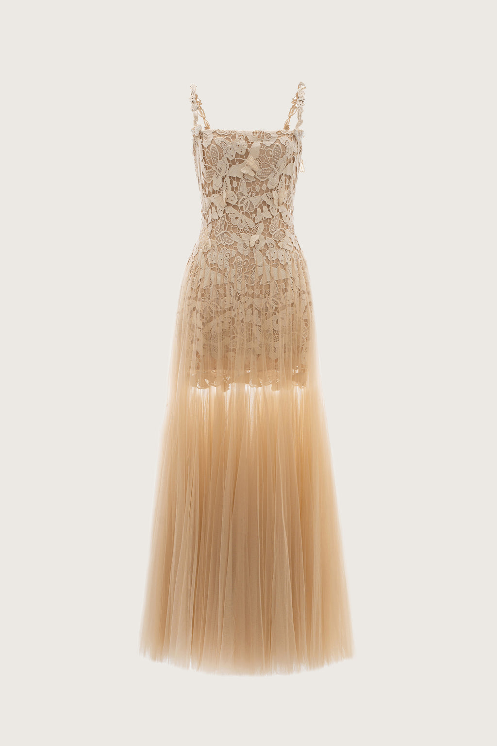 Nude Lace Tulle Maxi Dress