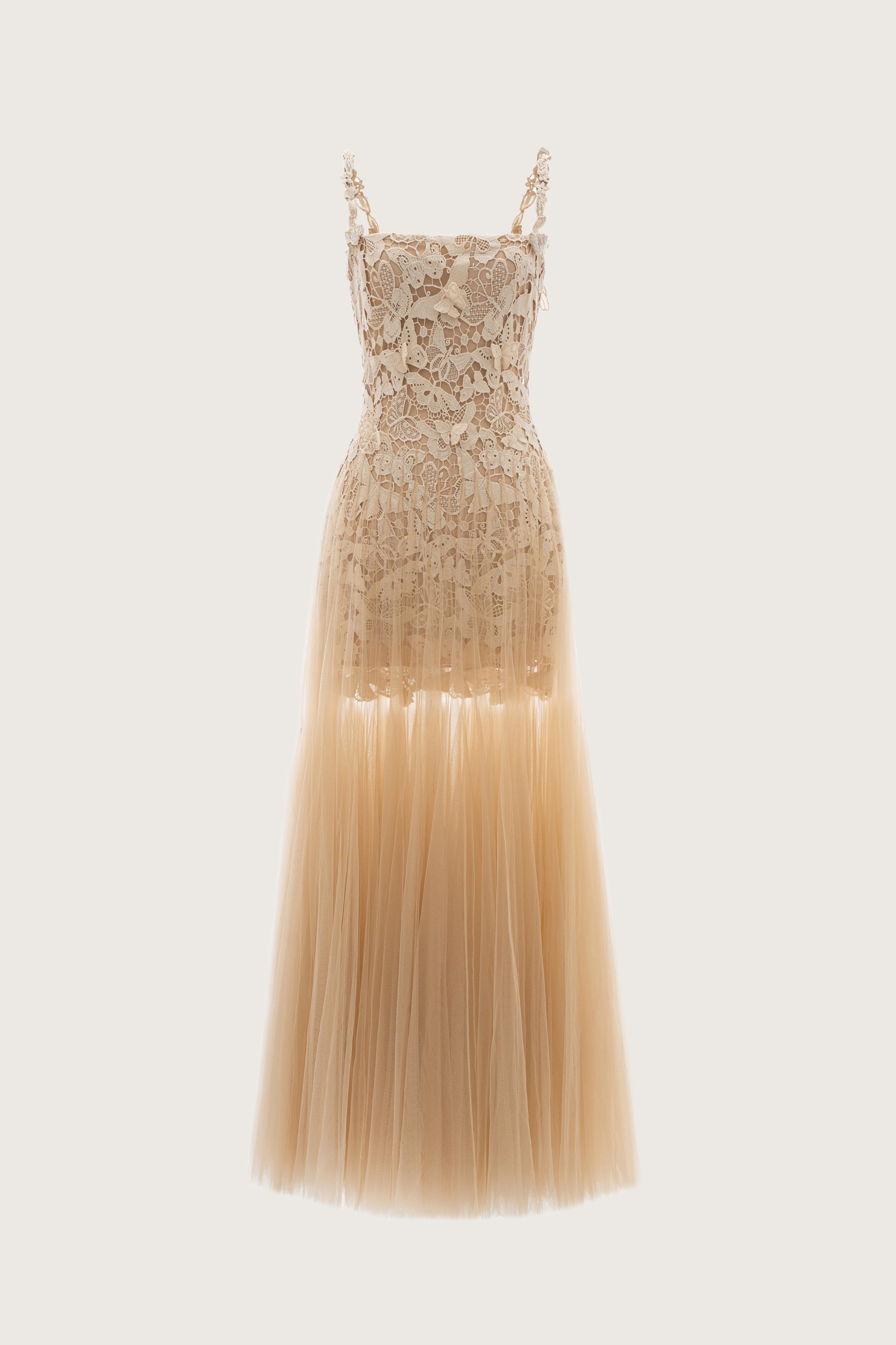 Nude Lace Tulle Maxi Dress