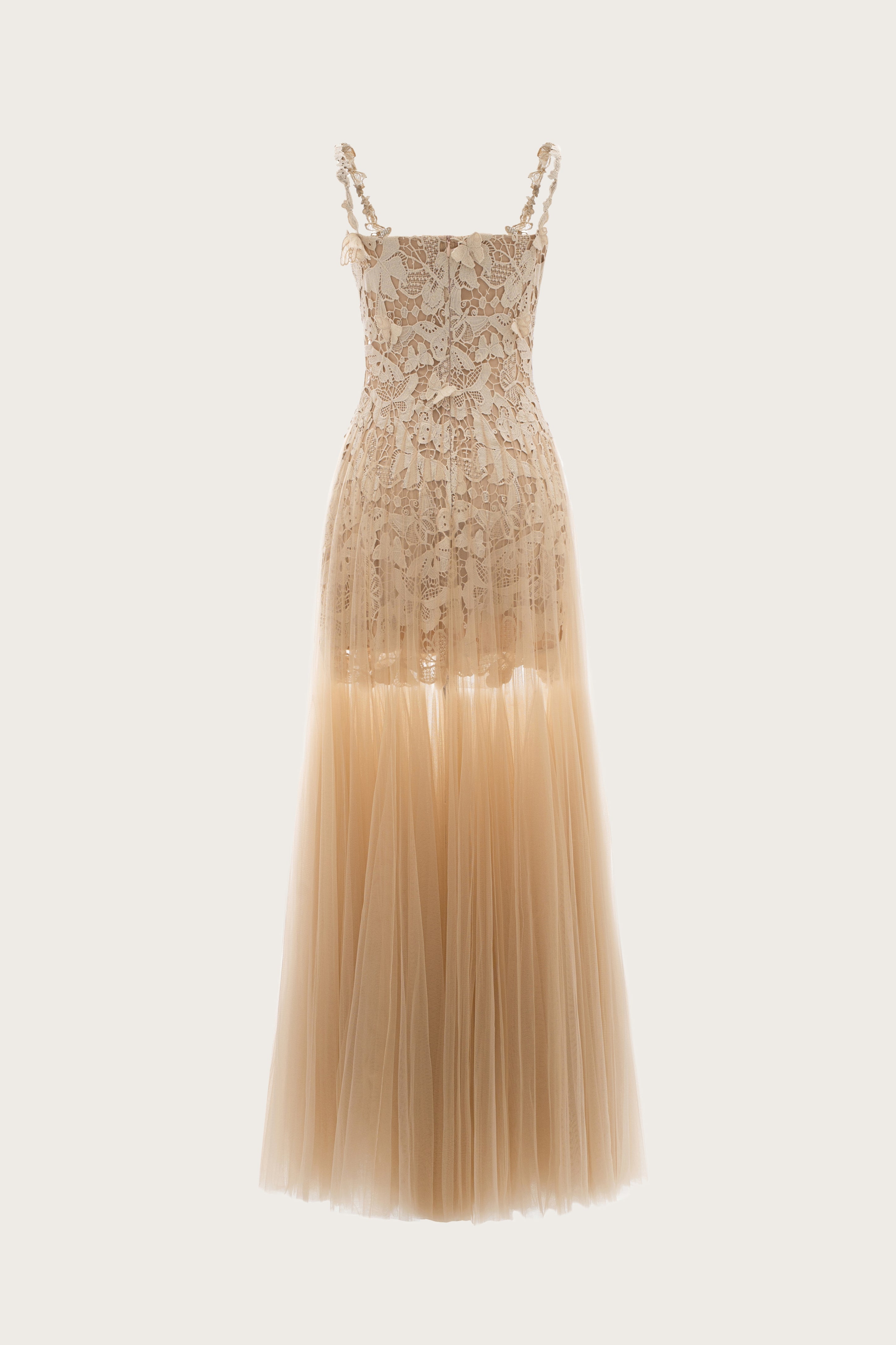 Nude Lace Tulle Maxi Dress